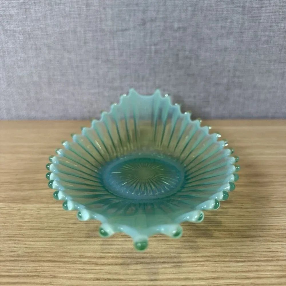 Vtg Fostoria Heirloom Aqua Opalescent Oblong Flared Art Glass Bowl MCM 13